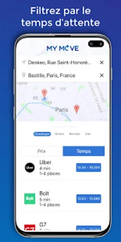 Résultats MyMove, vue carte avec itinéraire et résultats en overlay
