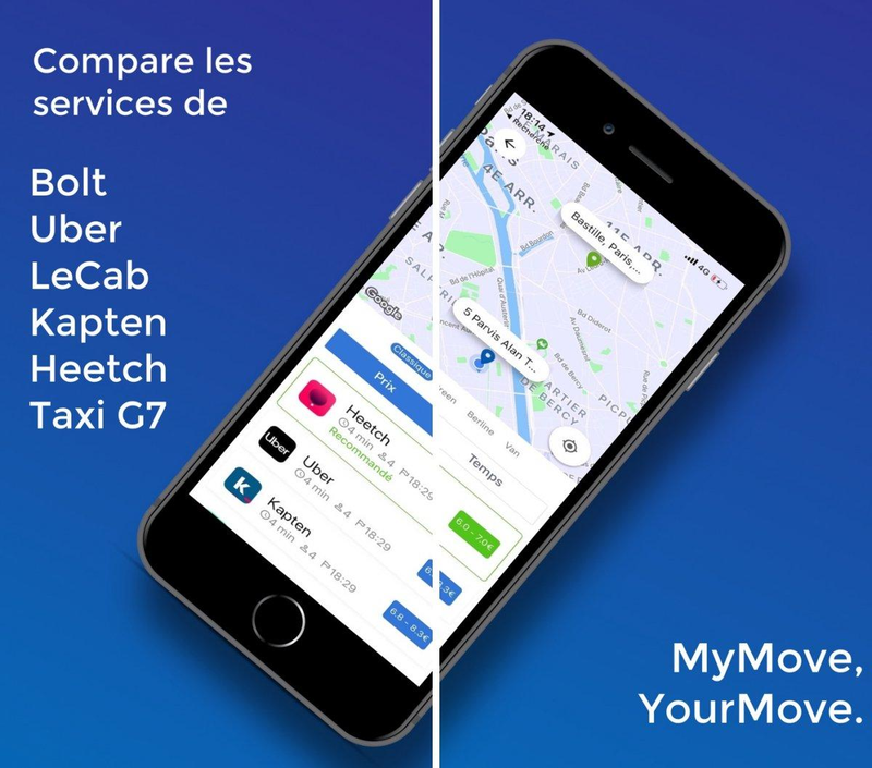 L'app MyMove comparant les tarifs VTC sur un iPhone, avec Bolt, Uber, LeCab, Kapten, Heetch, G7