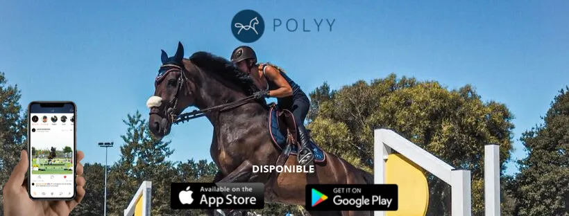Polyy — bannière promotionnelle avec un cavalier en saut d'obstacle et l'app sur smartphone, disponible sur App Store et Google Play
