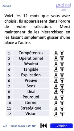 Écran de hiérarchisation des mots sélectionnés par drag and drop