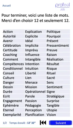 Écran de sélection de mots ProFeel, grille de 60 mots à choisir par 12