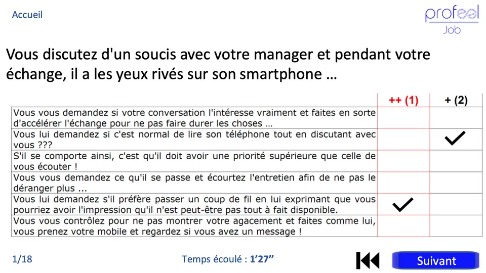Écran de questionnaire ProFeel en mode landscape, avec une mise en situation managériale et six réponses possibles